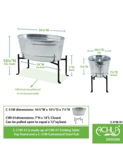 Achla Designs Mini Oval Galvanized Tub With Folding Stand -Garden Care Tools Sales 8612906 04v